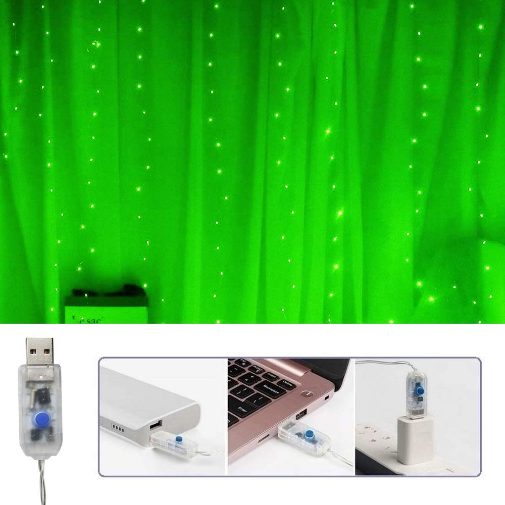 Vicila 300 LED Curtain Lights, Green Fairy Lights with Remote Control, USB Power, 8 Lighting Modes, 9.8ft x 9.8ft, Model CCL 07