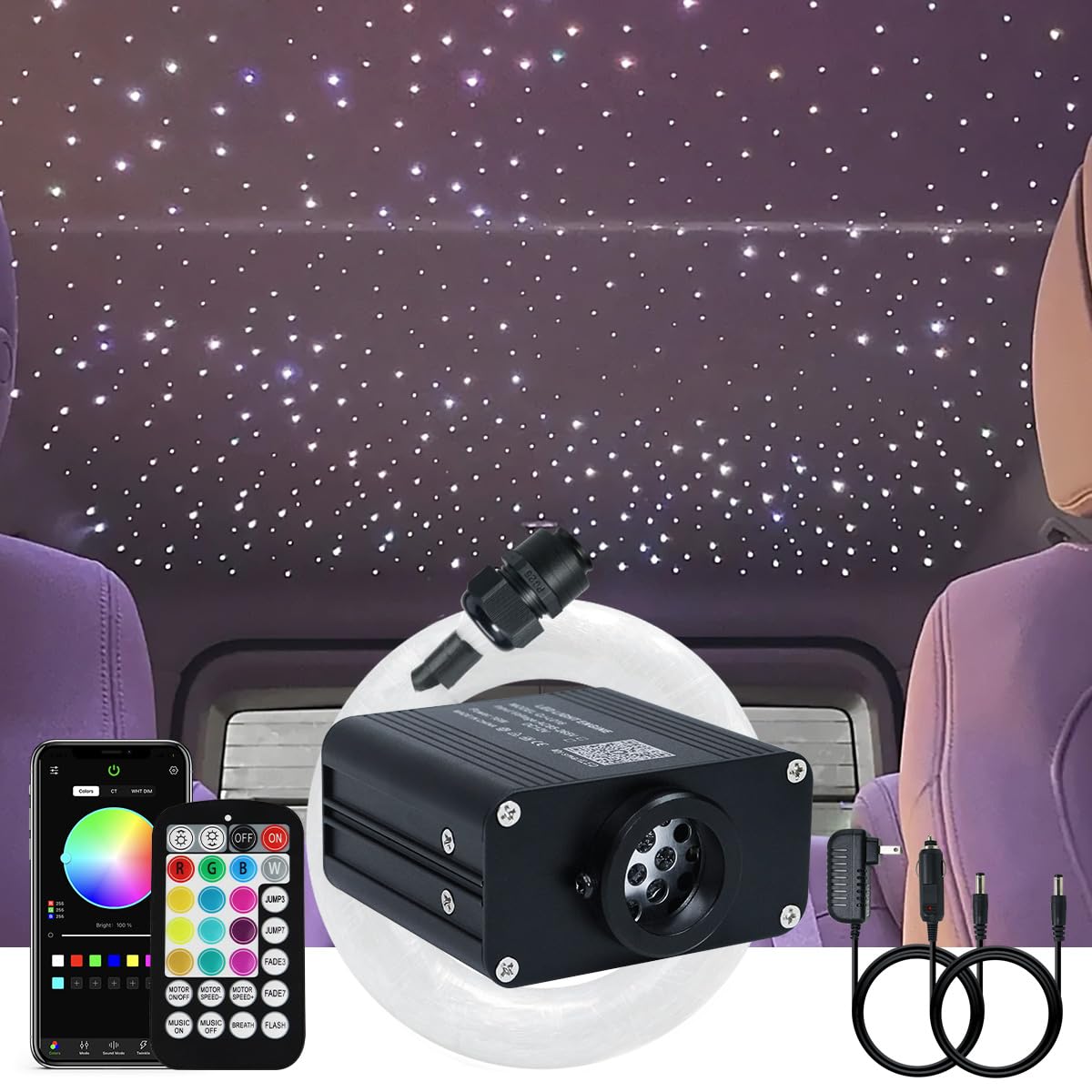 AKEPO 16W RGBW APP Twinkle Fiber Optic Lights, Small Size Music Activated 450pcs 0.03in 9.8ft/3m Optical Fiber Star Ceiling Ligh