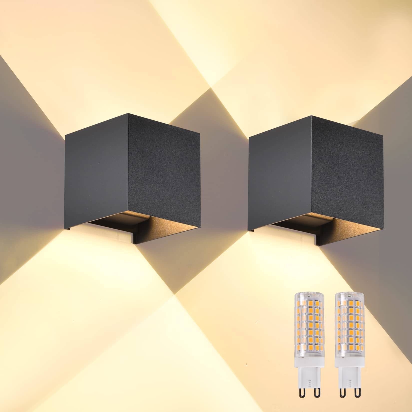2 Pcs G9 Outdoor Wall Lights Exterior/Interior Wall Sconces Up and Down Lights IP65 Waterproof Modern Outdoor Lighting Square Al