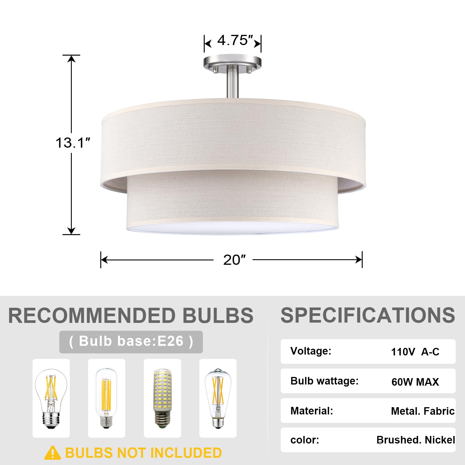 Dolaimi House 4 Light Semi Flush Mount,Close To Ceiling Light Fixture,Linen Fabric Shade Brushed Nickel Finish 20 Inch Semi Flus