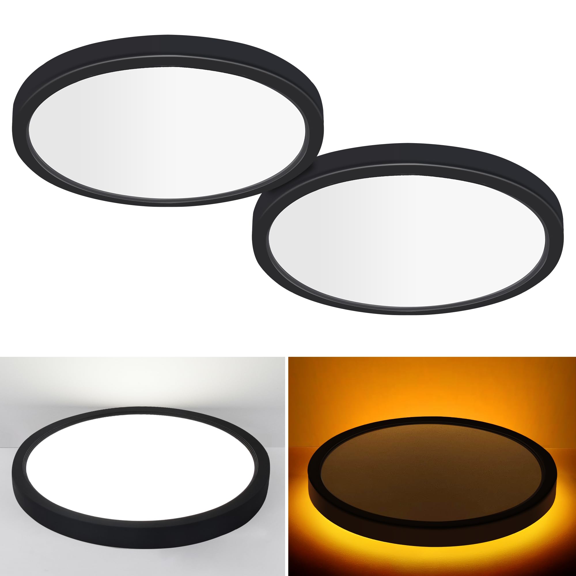 Hlite 12 Inch Flush Mount Led Ceiling Light With Night Light, 24W, 2400Lm, 3000K/4000K/5000K Selectable, Flat Lights For Ceiling, Dimmable Led Ceiling Light For Bedroom, Kitchen, Black(2Pack)