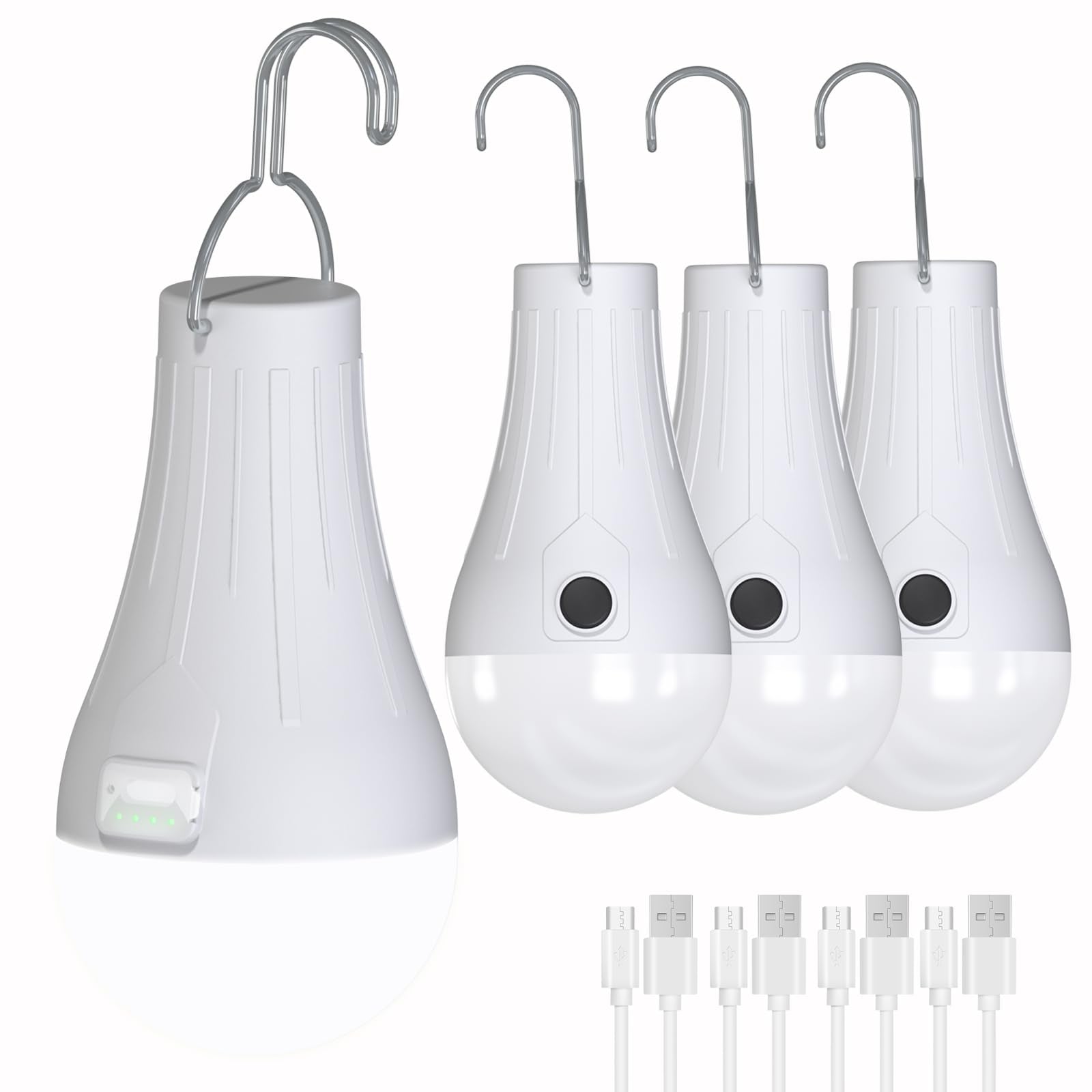 LOTOFIT Rechargeable Camping Light Bulbs - LED Tent Lights, Auto On/Off, 3 Brightness Levels, USB Rechargeable, White, Model LT-TP012 (4-Pack)