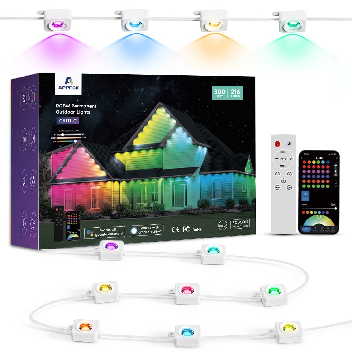 APPECK Outdoor Lights 300ft, 216 LED, Smart RGBW, IP67 Waterproof, White, Model C5111-C