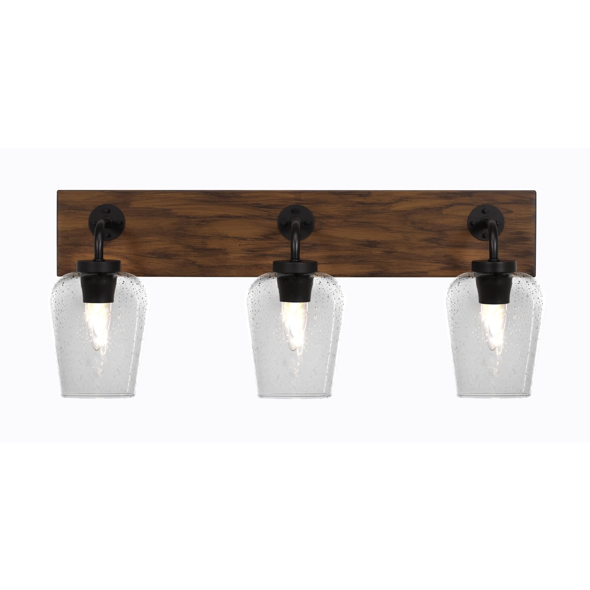 Oxbridge 3 Light Bath Bar In Matte Black & Painted Wood-Look Metal Finish With 5" Clear Bubble Glass