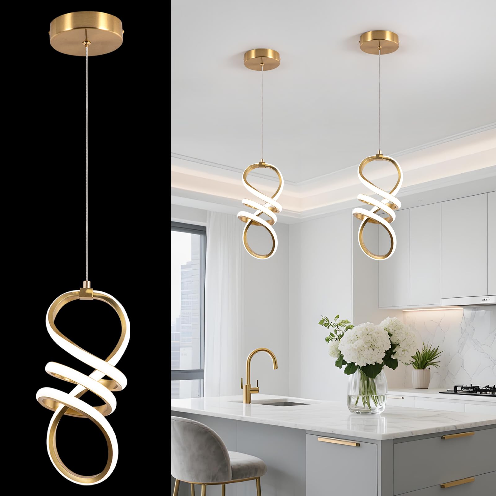 EIDISUNY Modern Led Pendant Light Fixture  15W LED Pendant Lights Kitchen Island  4500K Daylight White Pendant Lamp  Adjustable Height Gold Pendant Light for Kitchen Dining Room Bedroom(Gold)