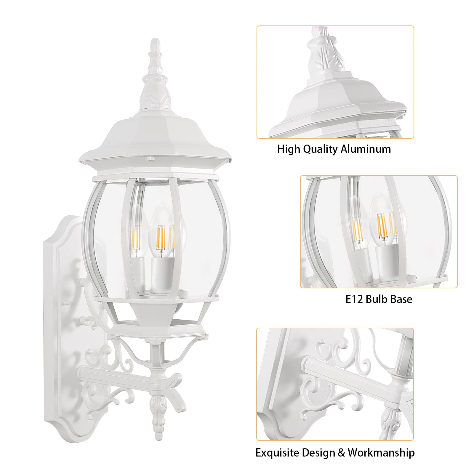 Krychiler 3-Light White Outdoor Wall Lantern Sconce - Waterproof Porch Lighting Fixture
