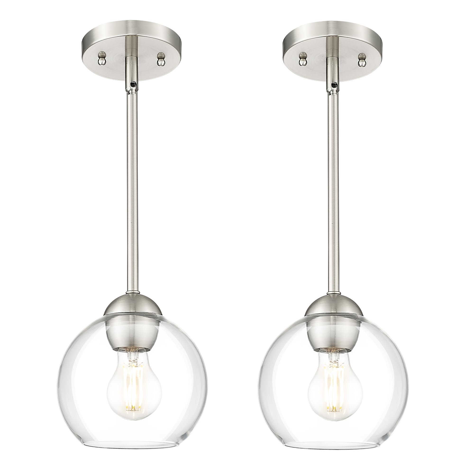 Emak 2 Pack Brushed Nickel Pendant Light Fixtures  7 Inch Globe Pendant Lights with Clear Glass Shade  1-Light Hanging Lights for Kitchen Island  Bathroom  Dining Room  PL119-BN-2PK