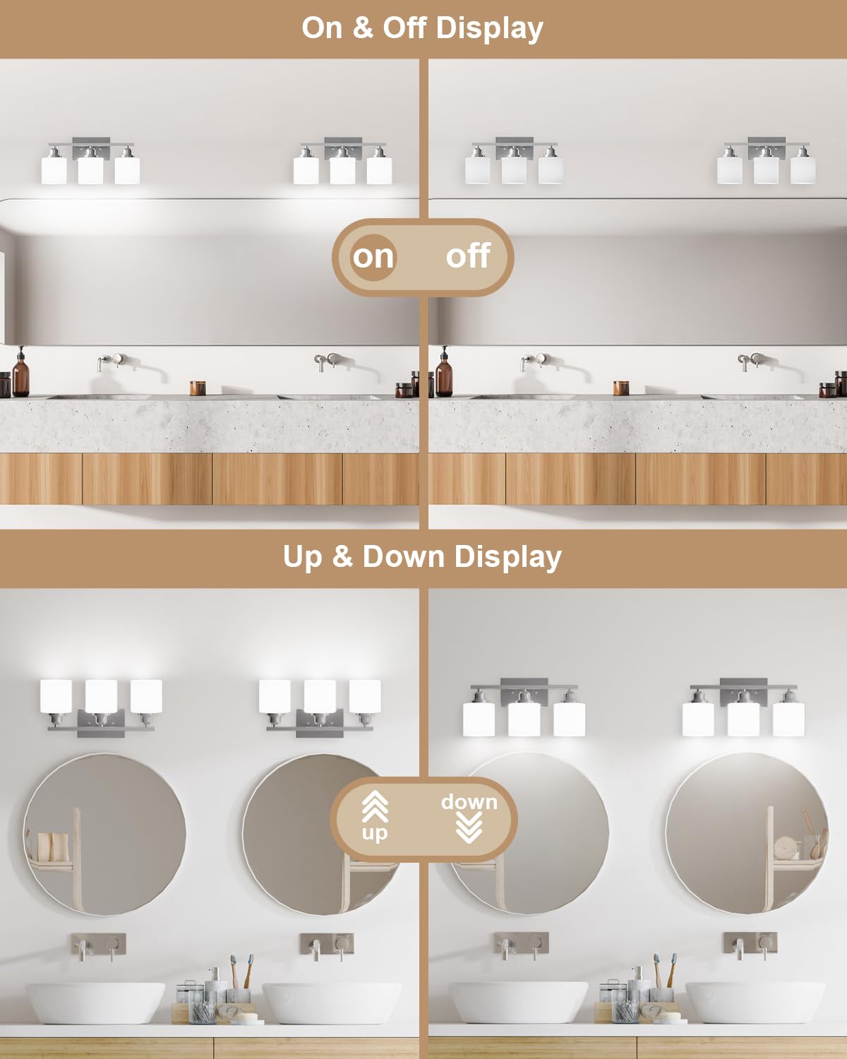 Sailstar Bathroom Light Fixtures Over Mirror, 3-Light Vanity Lights Brushed Nickel, Modern Bathroom Vanity Light, Glass Shade &