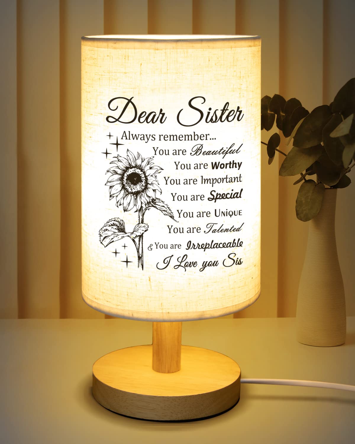 Calibron Fabric Table Lamp with Wooden Stand - Gifts for Sister, Birthday, Anniversary, Graduation