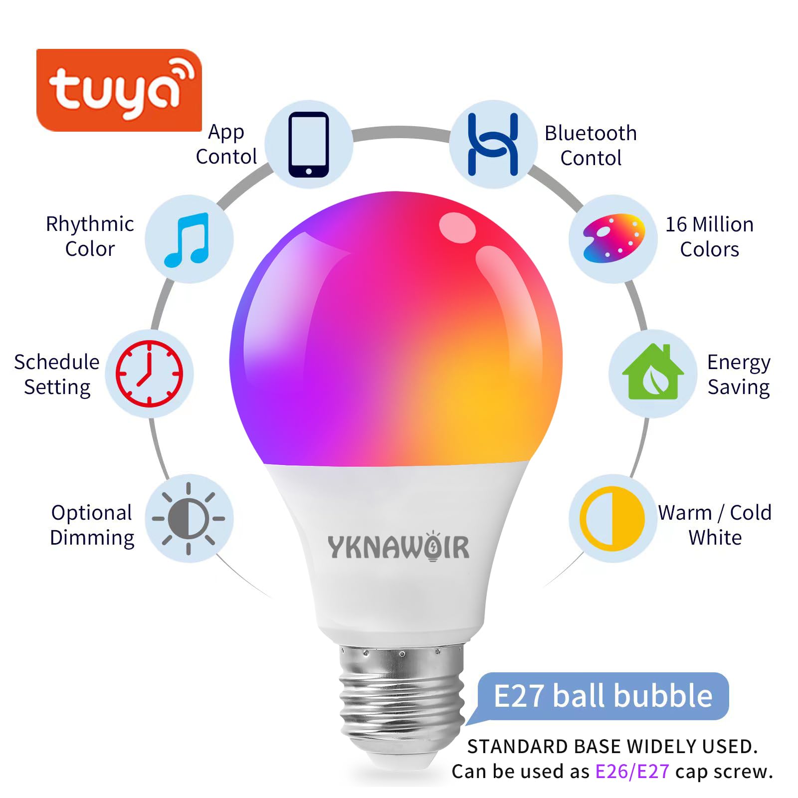 Yknawoir Smart Light Bulbs,Bluetooth Color Changing Light Bulbs That Work With Tuya App, Rgb Warm Light A19 9W E27 800Lm Led Lig
