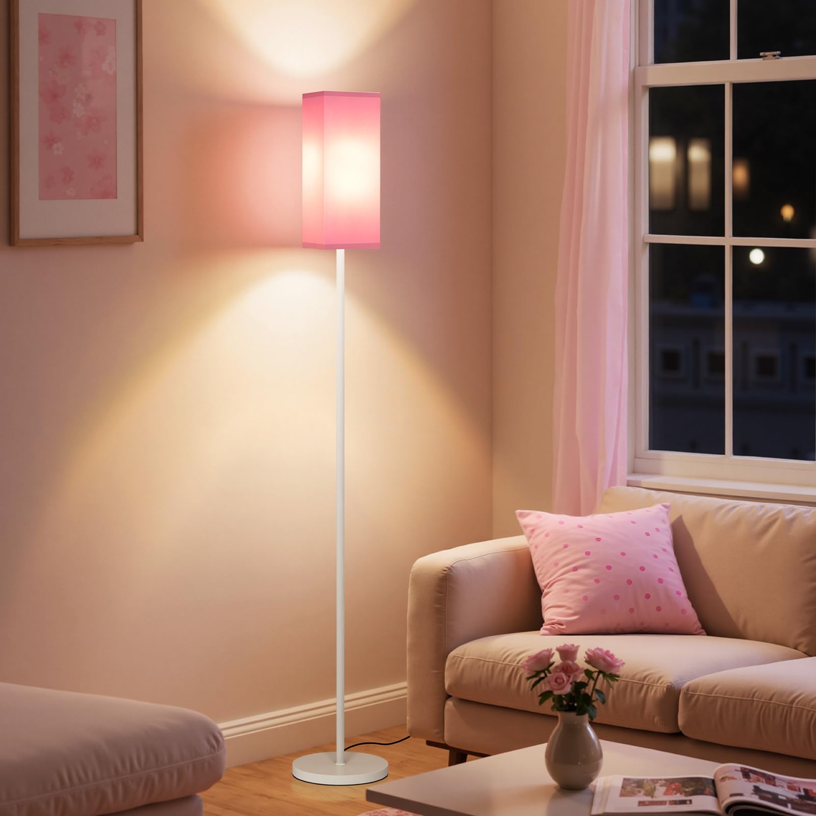 GOEBLESON Floor Lamp, 64.6in Modern Design with Foot Switch, Linen Shade, WP07LD05, Pink and White