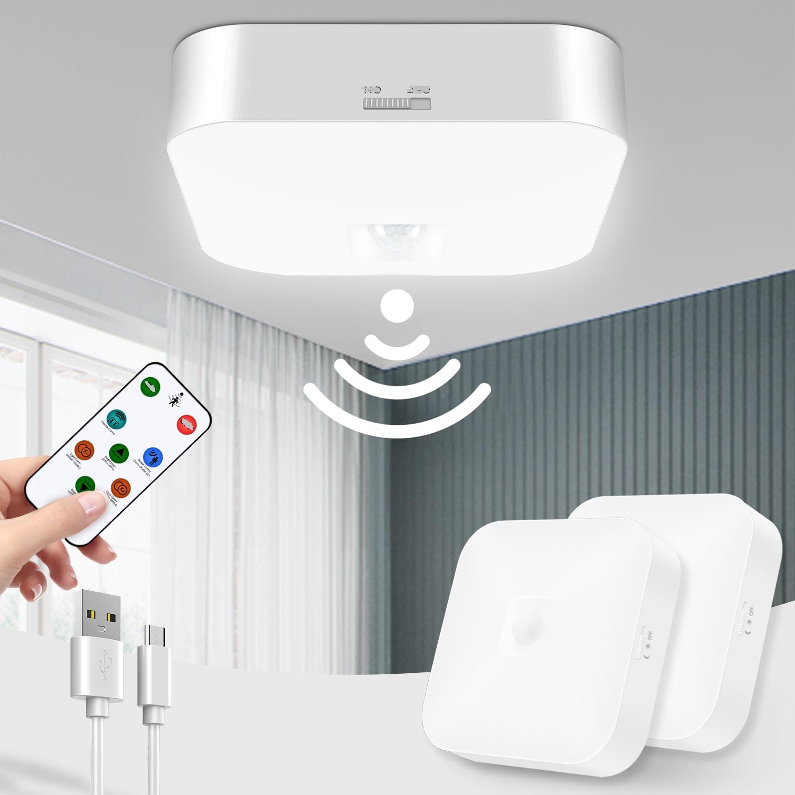 Motion Sensor Rechargeable Ceiling Light Indoor with Remote, Wireless Battery Operated Rechargeable Sensor Light for Closet, Gar