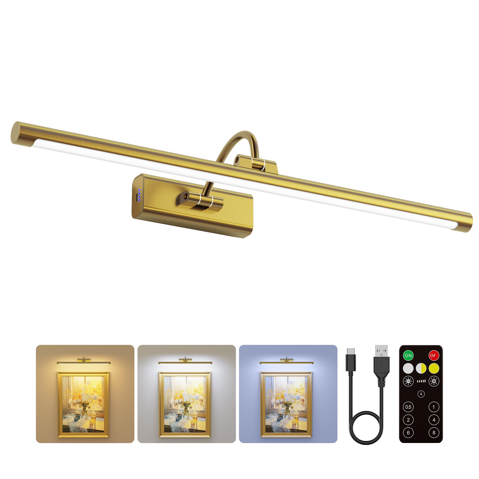 Craftersmark 24 Picture Lights for Wall with 8000mAh Battery - Brass Operated Wireless Wall Art Light with Remote Control for Large Portrait & Discomforttings Art