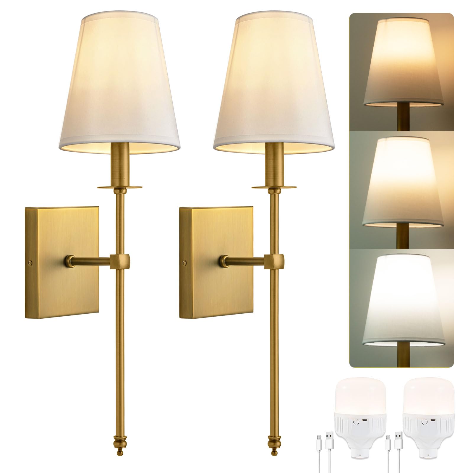 Passica Decor Battery Operated Wall Sconces Set Of 2 Two, Rechargeable Wall Lights With Dimmable Detachable Light Bulb, Remote Control, Lamp Fixture For Bedroom Living Hallway