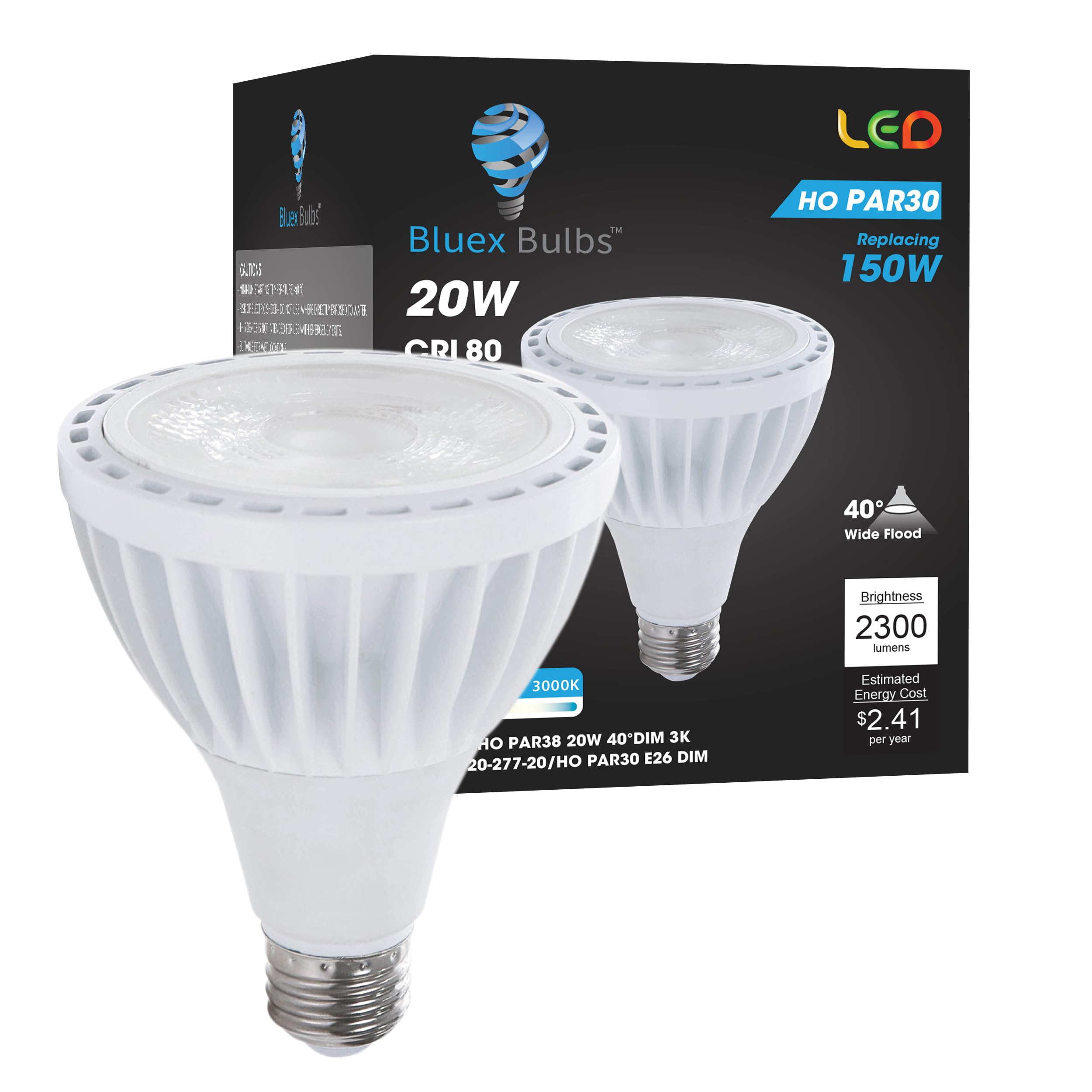 BlueX PAR30 LED High-Power Bulb - 20W (150Watt Equivalent) 2300 Lumens E26 Base 3000K Warm White Super Bright All Weather Flood