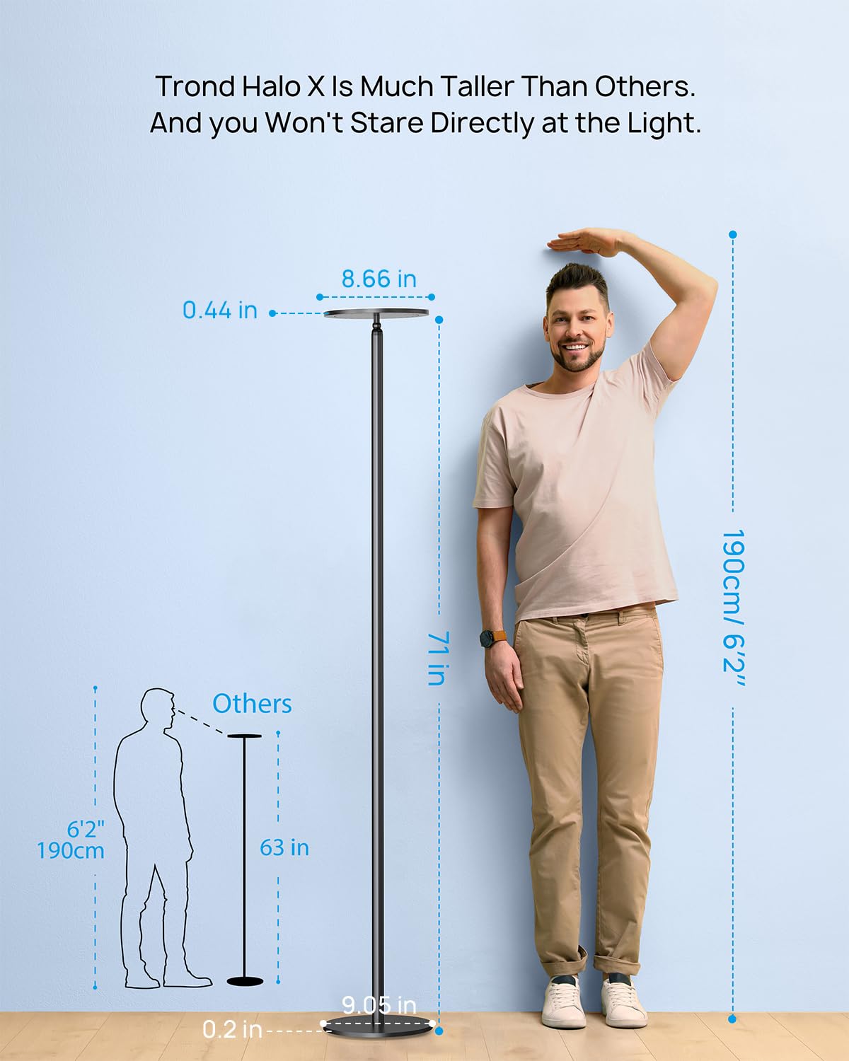 TROND Floor Lamp - 71" Modern LED Torchiere, 5500K Daylight, Aluminum, Touch Dimmable, Black, Model Halo X