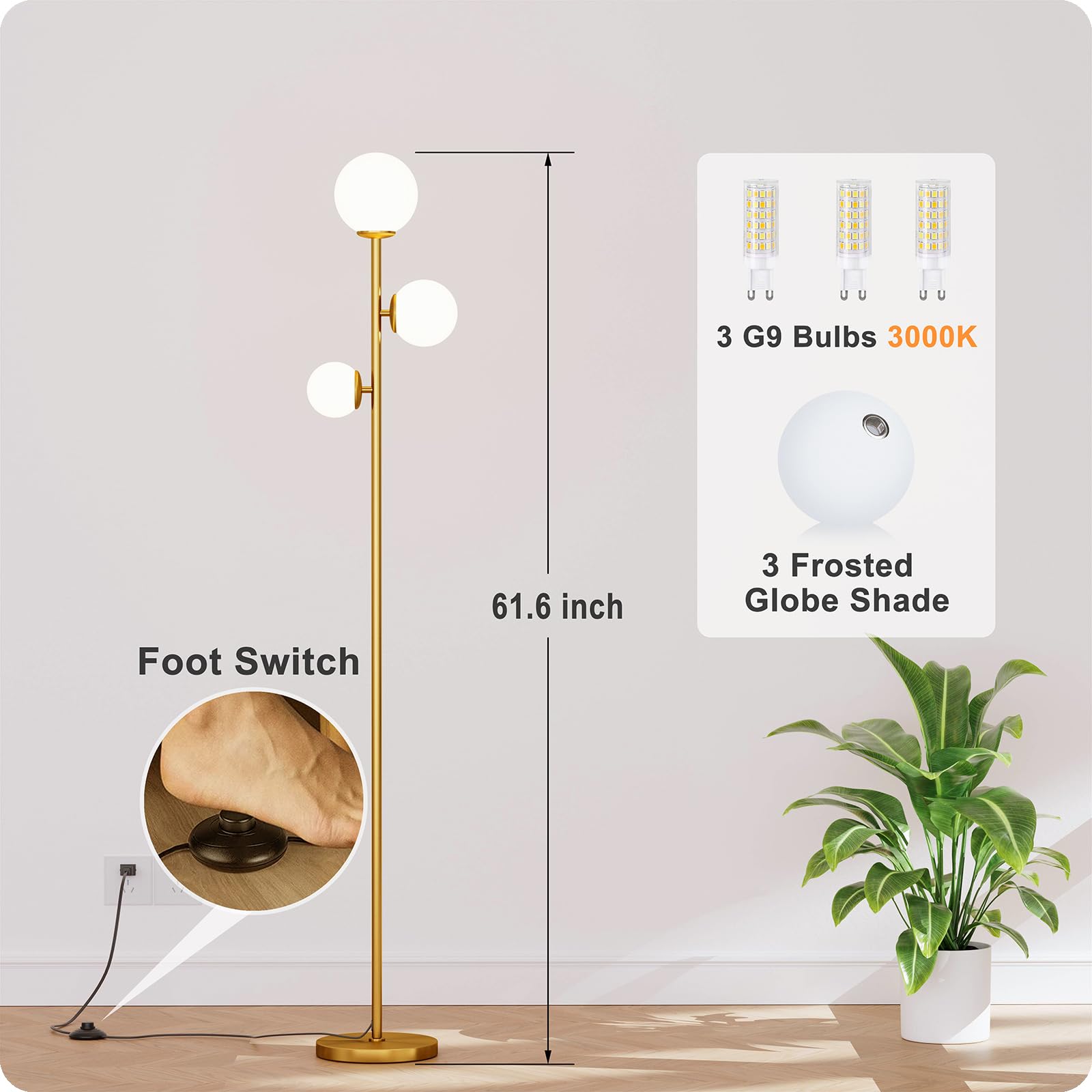 Nukanu Floor Lamp With 3 Frosted Glass Shades,Stangding Lamp Floor Lamps For Living Room Bedroom Office With 3 Led Bulbs,Tall La