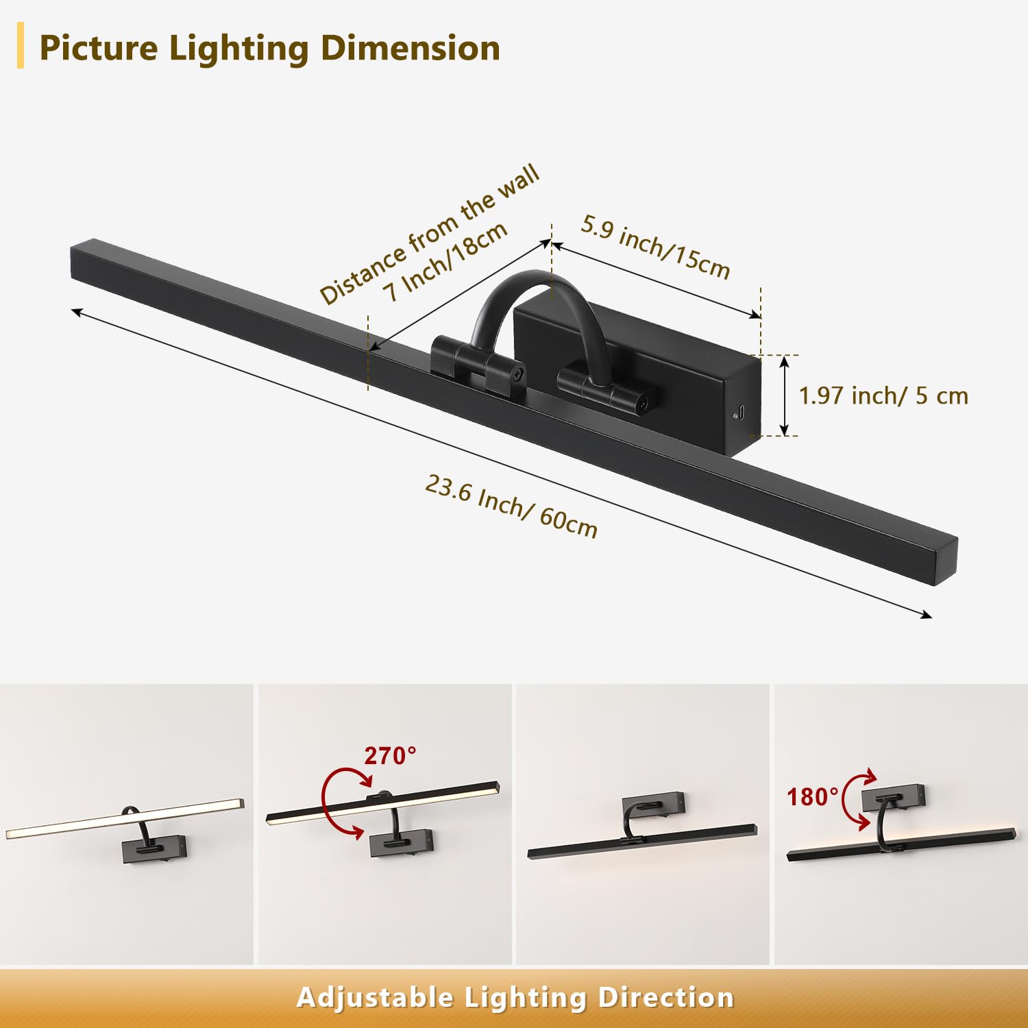 DESOOP Wireless Picture Lights - Battery Operated Black Art Lighting, 23.62 inch, Acrylic, Model 9862, Dimmable with Remote & Timer