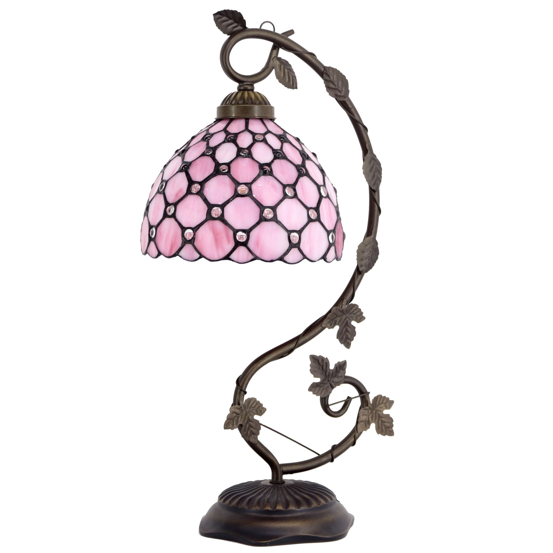 WERFACTORY Tiffany Table Lamp, Pink Stained Glass, 8X10X21 Inches, Metal Leaf Base, S005P Series