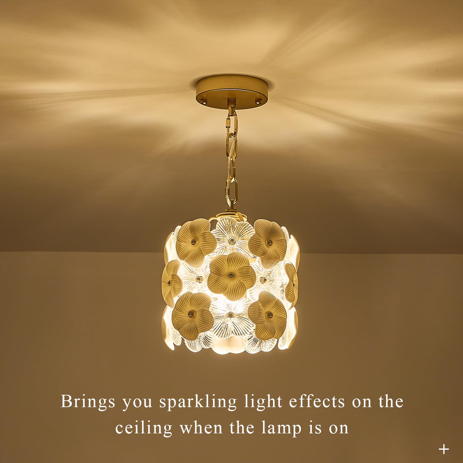 Poemoon Gold Glass Pendant Light With White Ceramic Flowers, 1-Pack Luxury Small Ceiling Pendant Light Fixture 1-Light For Kitch