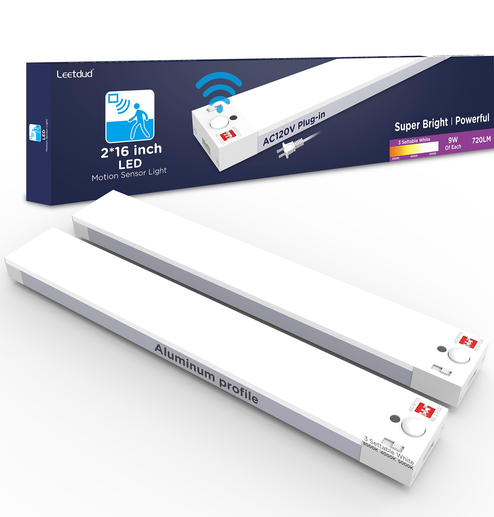 Leetdud Under Cabinet Lighting Plug in 16 Inch, 120V Motion Sensor Lights Indoor, 3CCT 3000/4000/5000K, Aluminum Linkable Super 