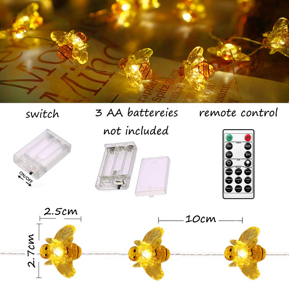 NiniTe LIGHTS 40 LED Honeybee Fairy String Lights, Waterproof, Battery Operated, 8 Modes, Remote Control, Indoor/Outdoor