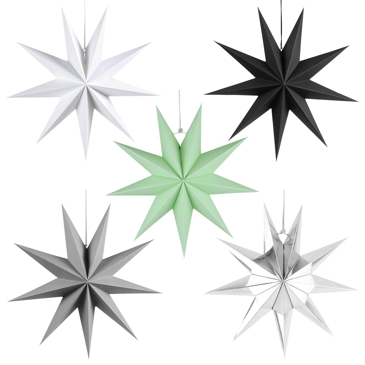 5Pack 9-Pointed Paper Star Lantern 11.8 inch Hanging Paper Lampshade for Winter Wonderland Xmas Day Decoration Wedding Birthday 