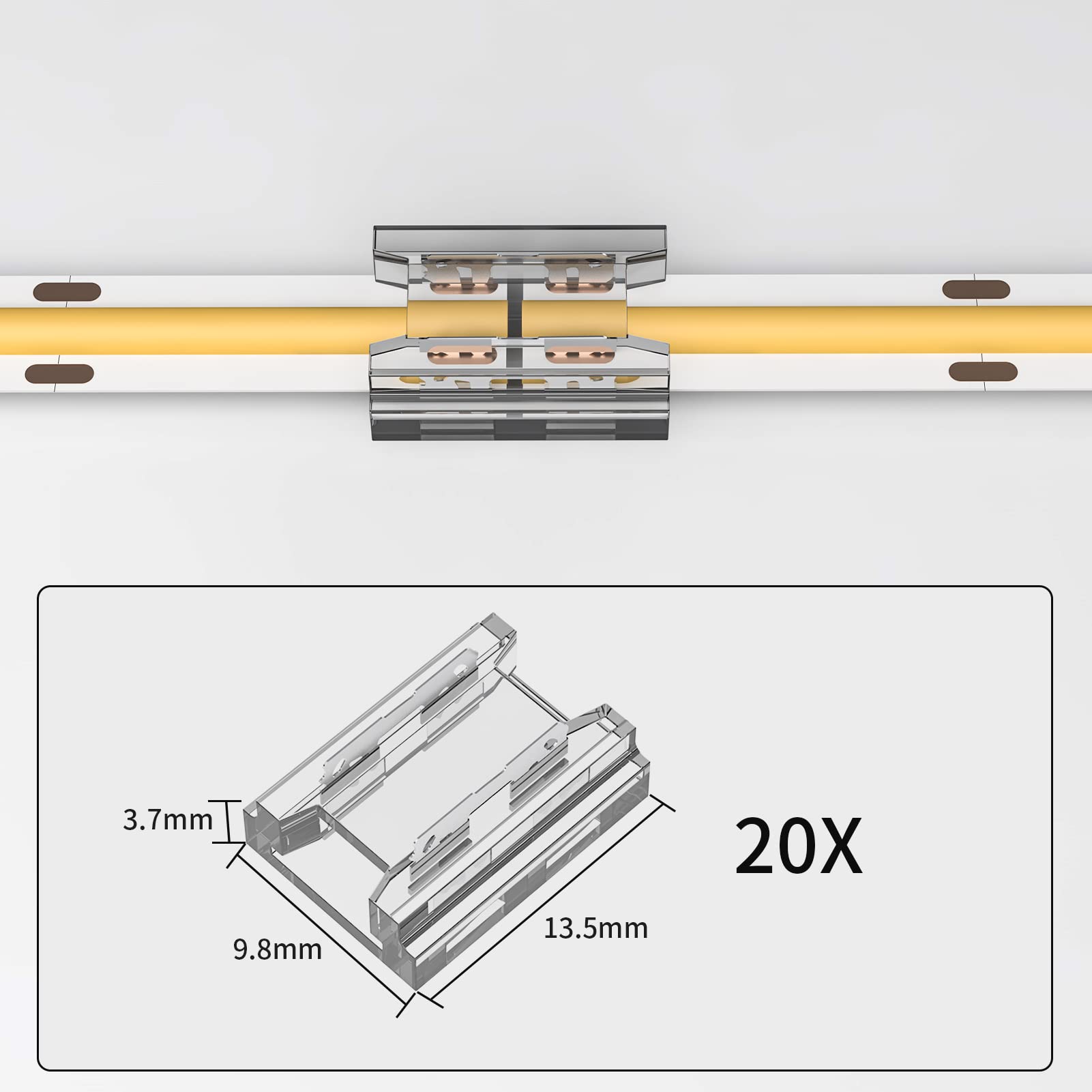 Visdoll Cob Led Light Strip Connectors 20Pcs, 8Mm 2Pin Strip To Strip Led Tape Light Connectors,Transparent Solderless No Dark A