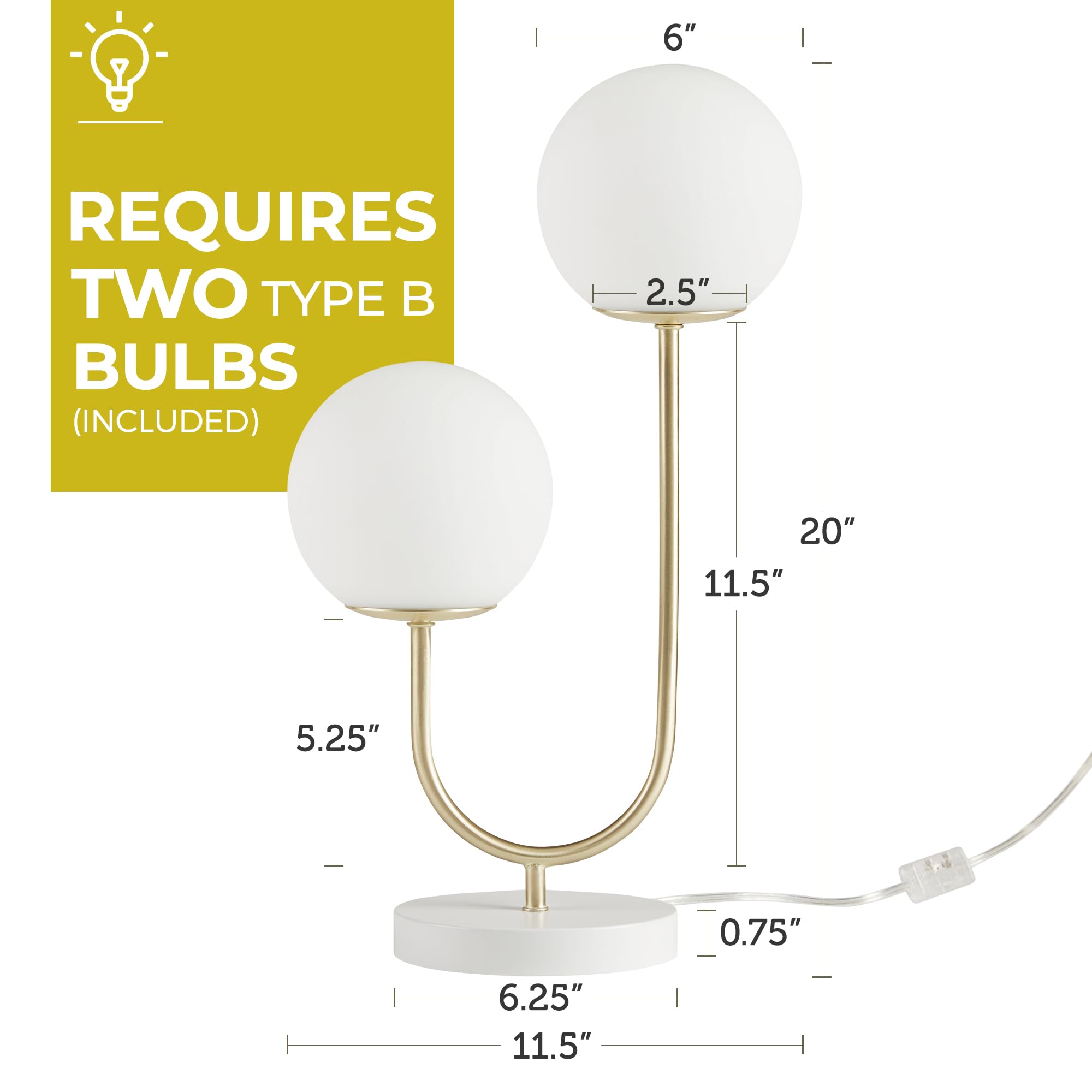 510 Design Table Lamp For Bedroom - Metal Gold Nightstand Lamp, Frosted Glass Globes Modern Bedside Lamp W/White Base, Clear Polarized Cord & In Line Switch, Accent Lamp Decor, 20&quot; H Gold/White