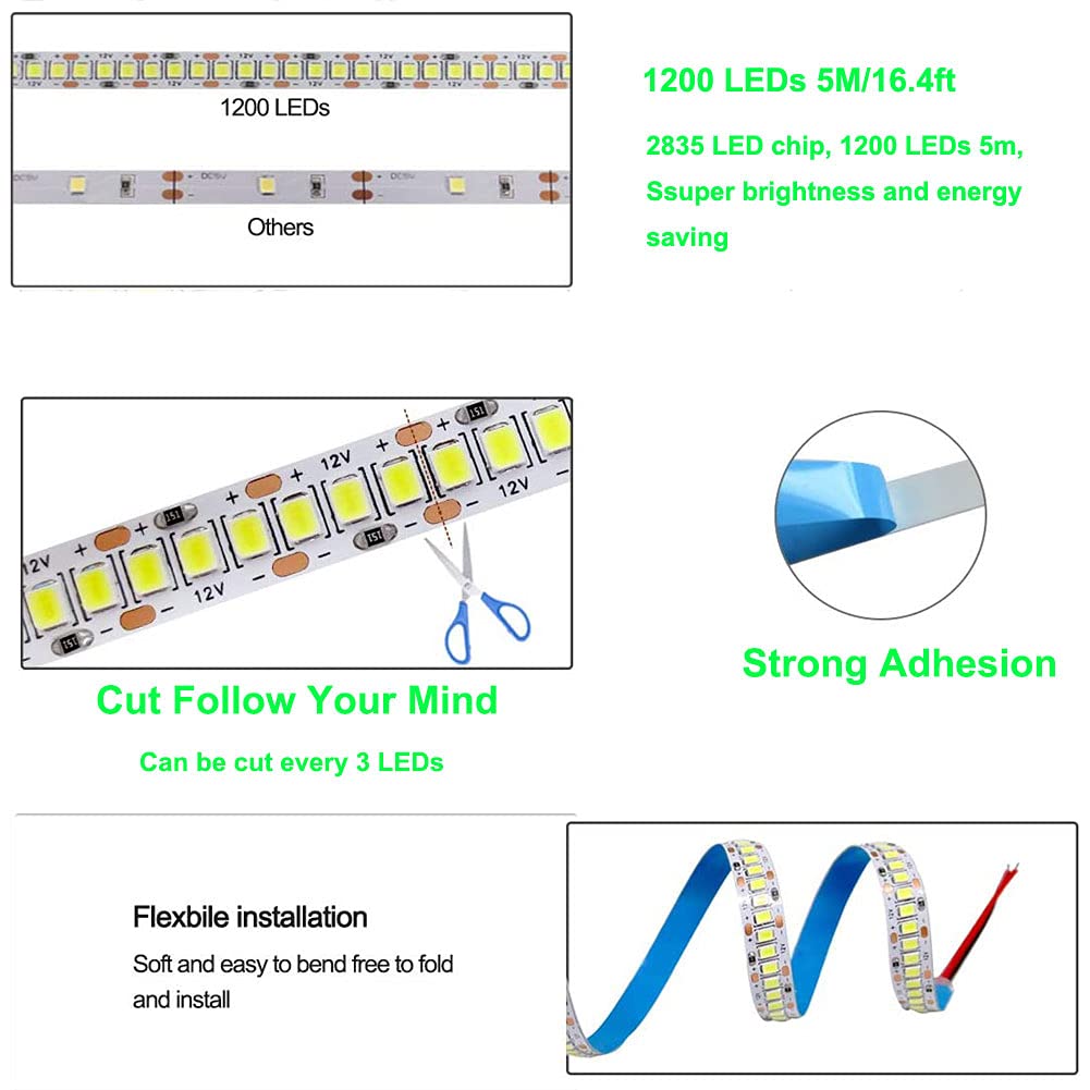 Suyooulin Led Strip Lights, 16.4Ft Smd 2835, 1200 Leds, Dc12V, Non-Waterproof Ip21, Natural White 4500