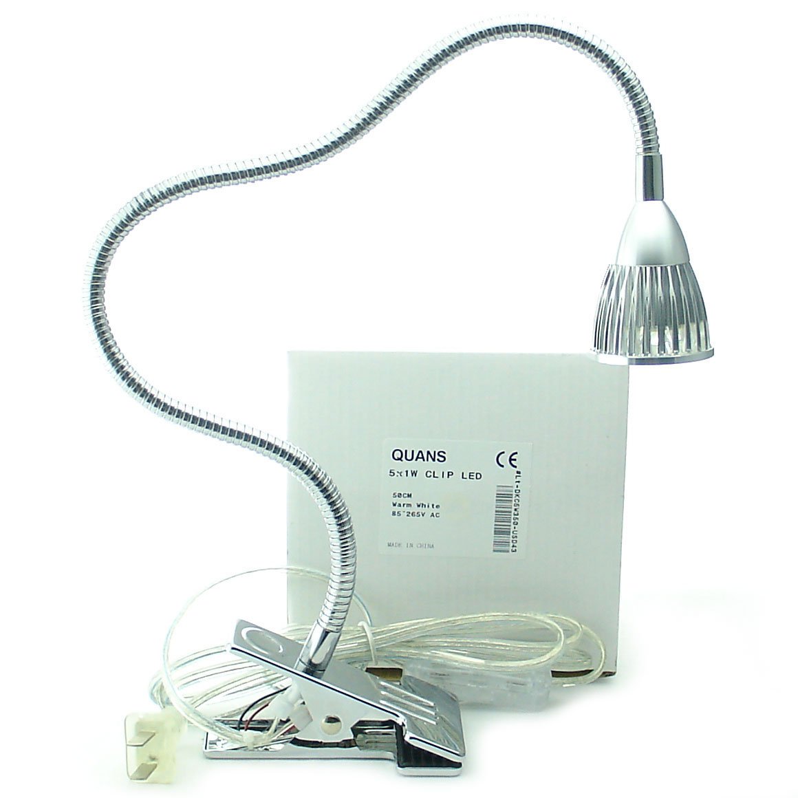 QUANS LED Desk Lamp, 5W 5x1W, Silver (Warm White), Gooseneck, Flexible Clamp Light, Model QSUSD43W3