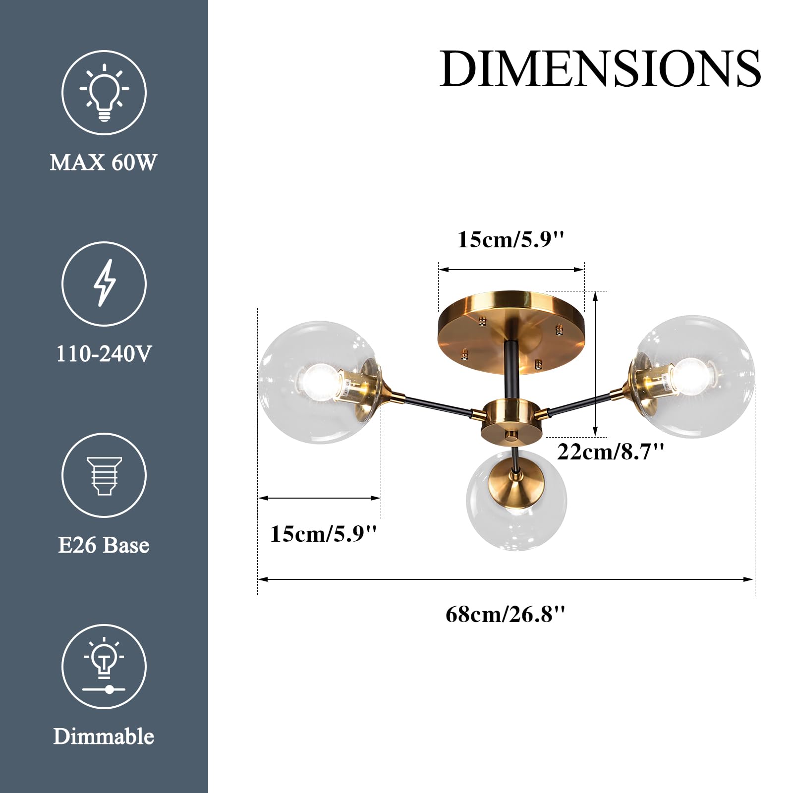 Kco Lighting Mid-Century Modern Semi Flush Mount Ceiling Light 3-Light Clear Glass Bubble Chandelier Black Gold Sputnik Close To