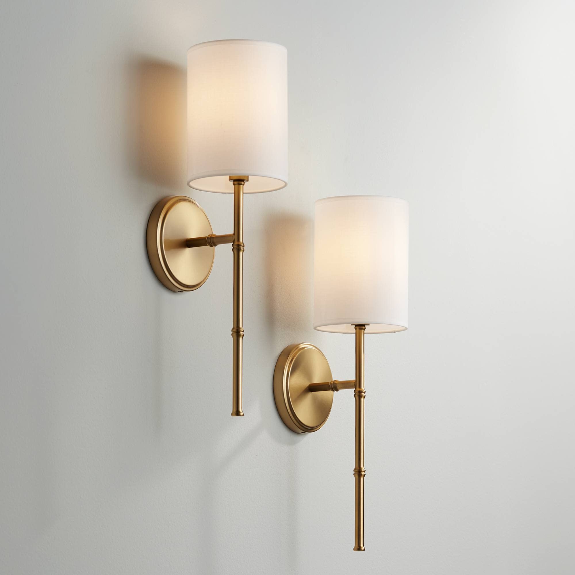 Regency Hill Abigale Modern Wall Light Sconces Set of 2 Brass Gold Metal Hardwired 5 Fixture White Fabric Shade for Bedroom Bath