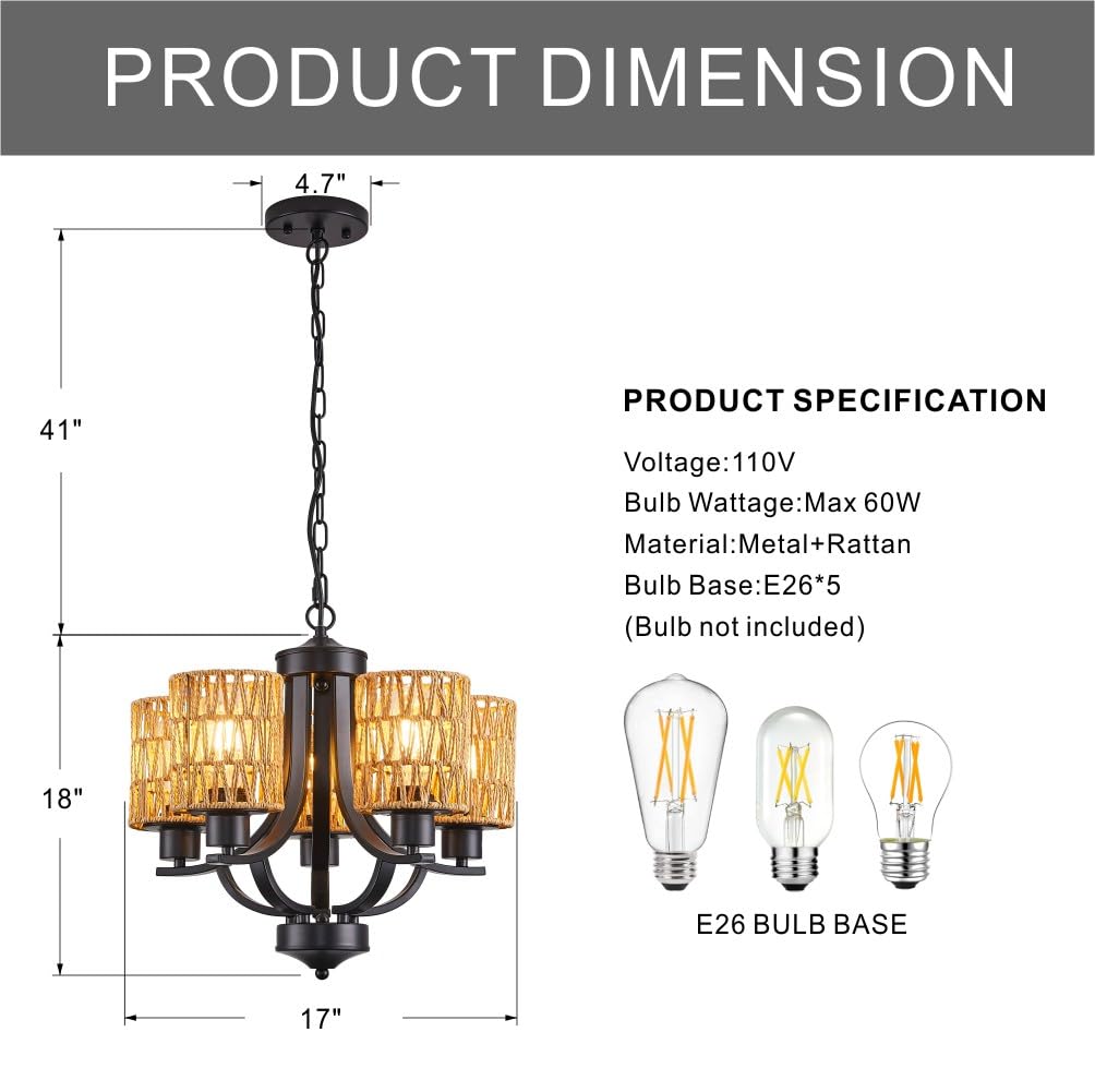 TELAFLY 5-Light Rattan Chandelier, Modern Rustic Metal Pendant Light for Dining Room, Kitchen, Foyer, Bedroom