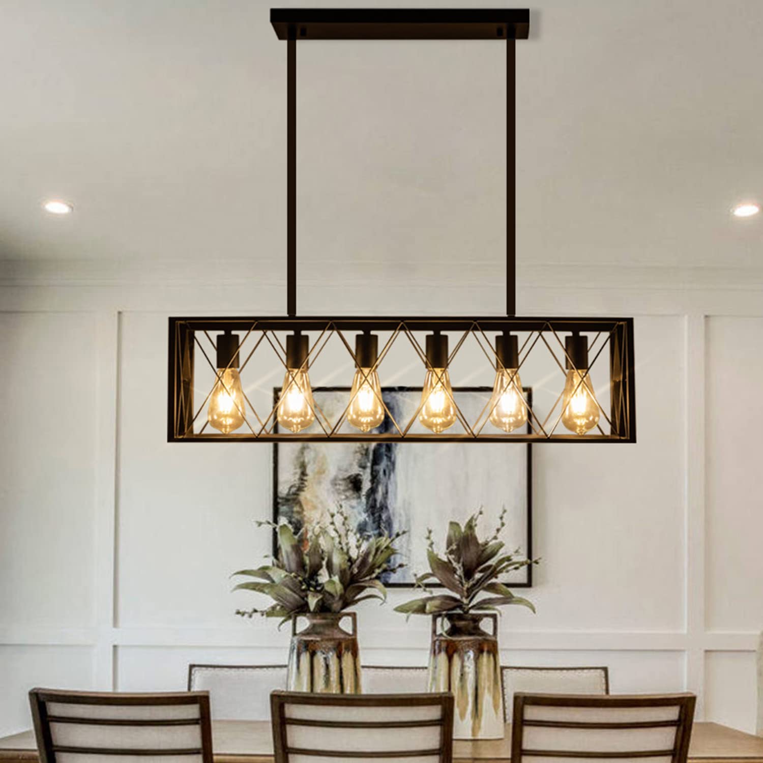 Pretoy Kitchen Island Pendant Lighting 6-Light Black Metal Industrial Bar Chandelier Fixtures Vintage Hanging Farmhouse Rectangle Linear Chandelier For Dining Room Living Room