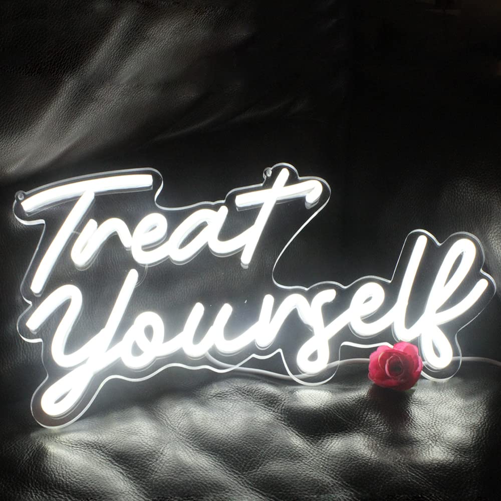 DAKABUKA Neon Light Sign - Treat Yourself White LED Wall Decor, 8.7in x 16.5in, Acrylic, Model NL008