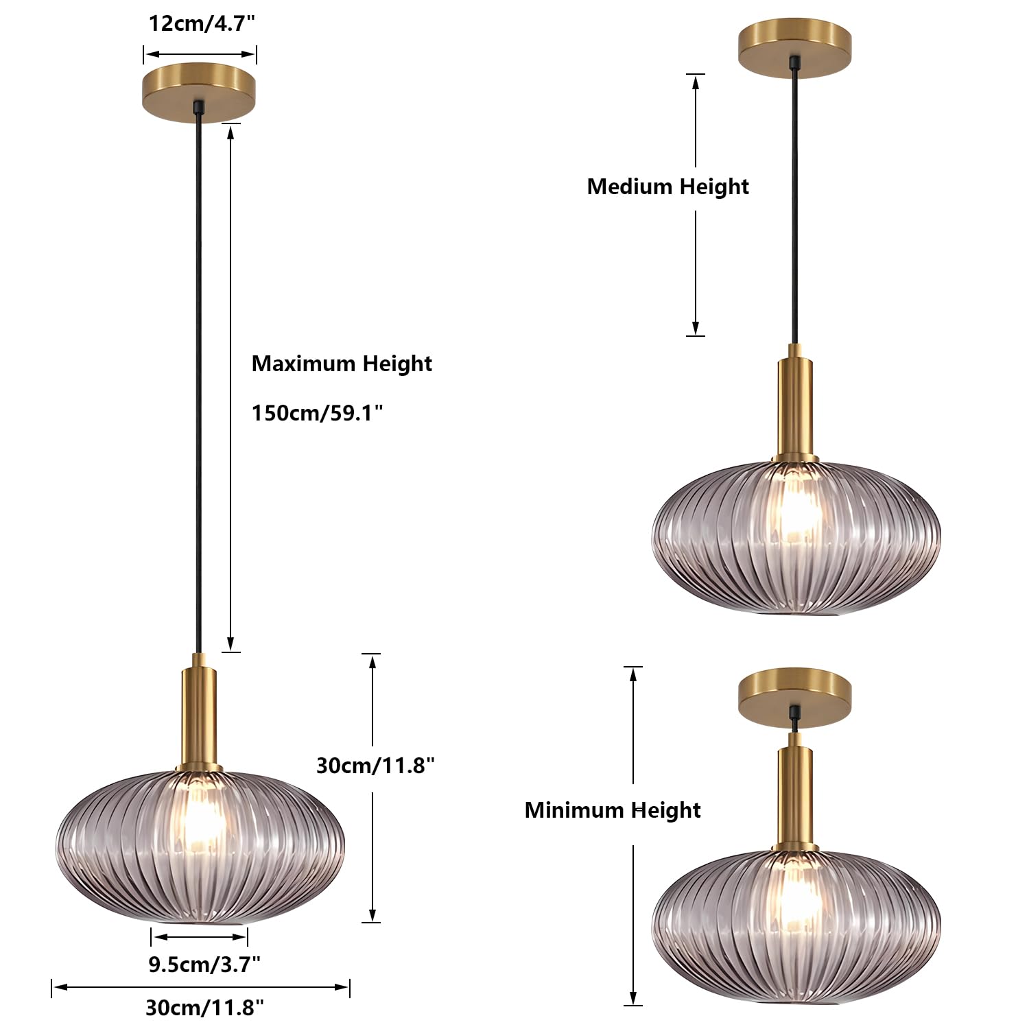 KCO Mid Century Modern Pendant Light - Smoke Gray Globe, Adjustable, Metal, 30cm, Model L1143-SG, Brass Gold Finish