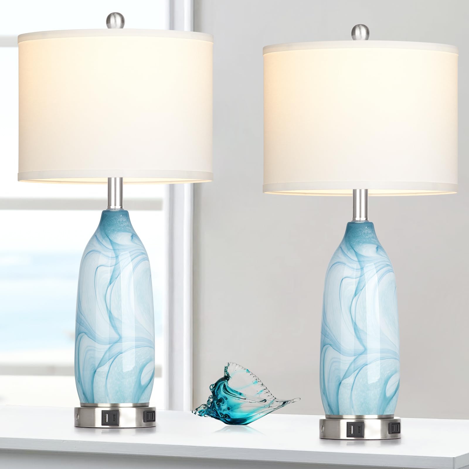 Cinyirong 26 Coastal Glass Table Lamps Set of 2, Touch Control Bedside Lamp with USB A+C Ports and AC Outlet, Blue Lamp with Nig
