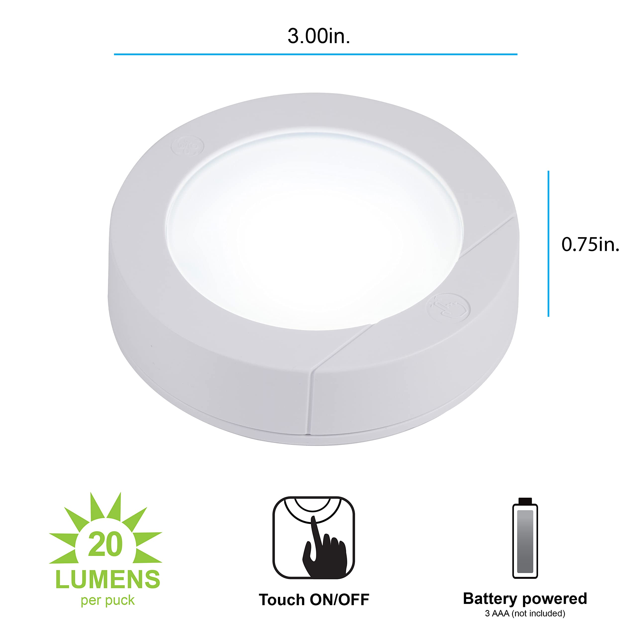 GE Wireless LED Puck Lights, Battery Operated, 20 Lumens, Touch Light, Tap Light, Stick on Lights, Under Cabinet Light, Ideal fo