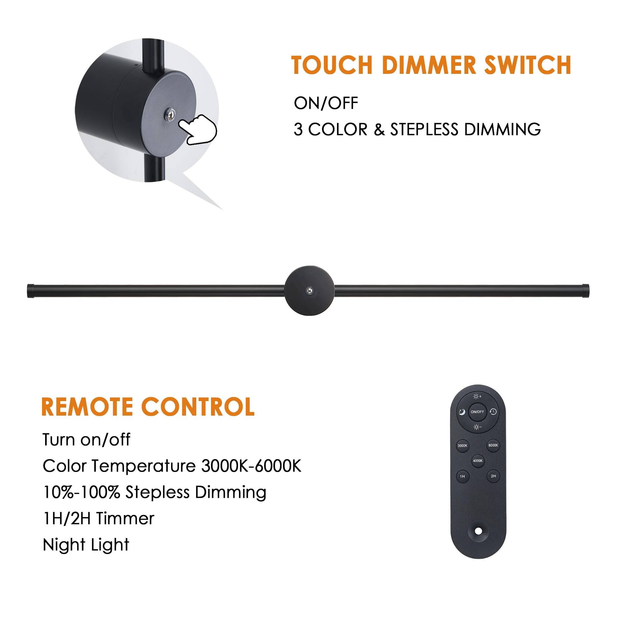 GWONER Battery Operated Wall Sconces Set of 2 with Remote Control, 40   Wireless Rechargeable Wall Lights, 3000K-6000K Steples
