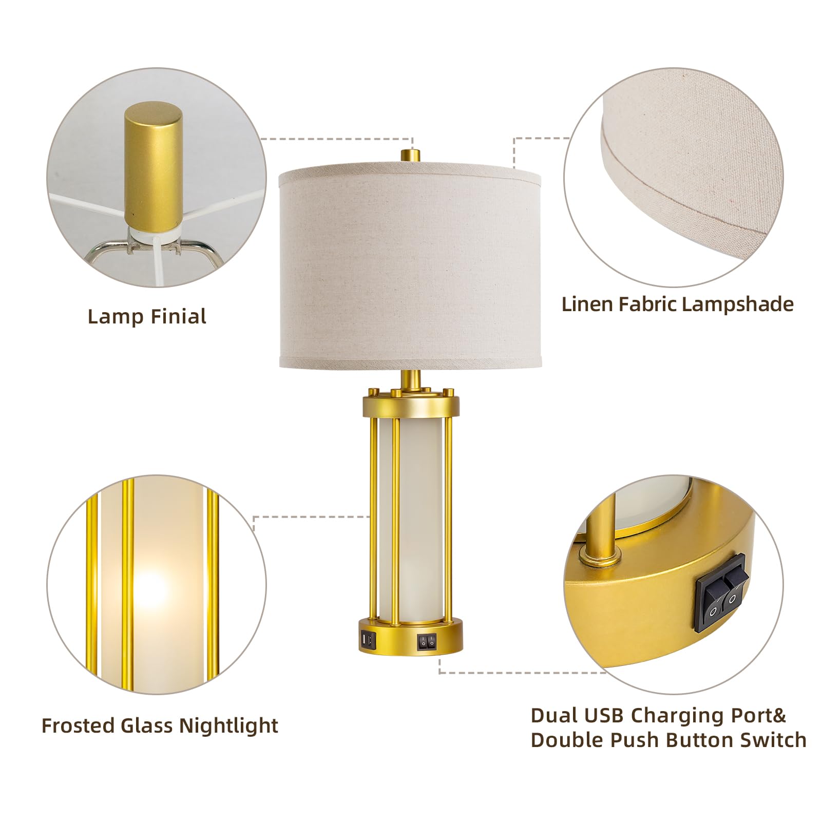 Roria Modern Table Lamps For Living Room Set Of 2, Farmhouse Bedroom Lamps For Nightstands With Dual Usb Ports, Gold Bedside Lam