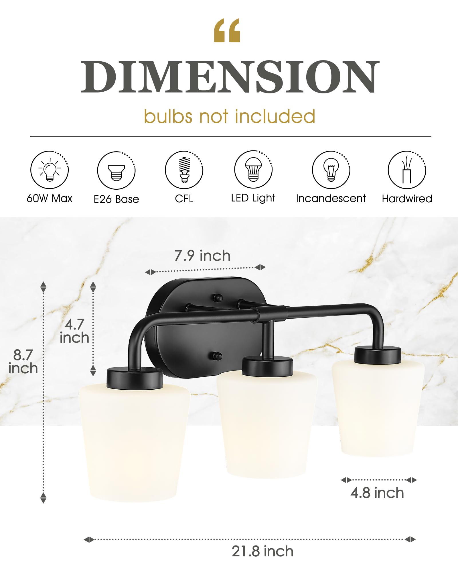 Audickic Bathroom Light Fixtures Over Mirror, 3-Light Matte Black Vanity Lighting Fixtures With Milk White Glass, Vintage Farmhouse Wall Sconces Lighting, Ad-22004-3W-Bk