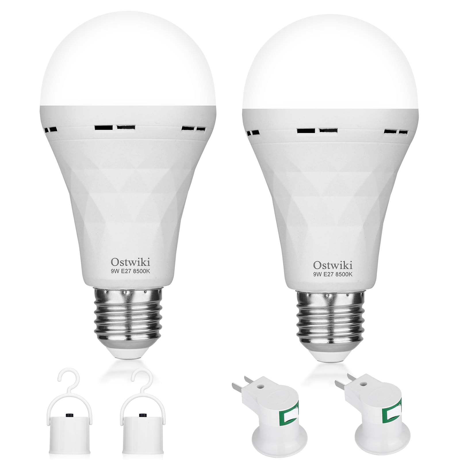 Ostwiki 2 Pack Emergency Rechargeable Light Bulbs,Battery Operated Backup Light Bulb 9W E27 8500K 1200mAh White Equivalent Self-Charging LED Light Bulbs for Power Outage Camping Outdoor Activity