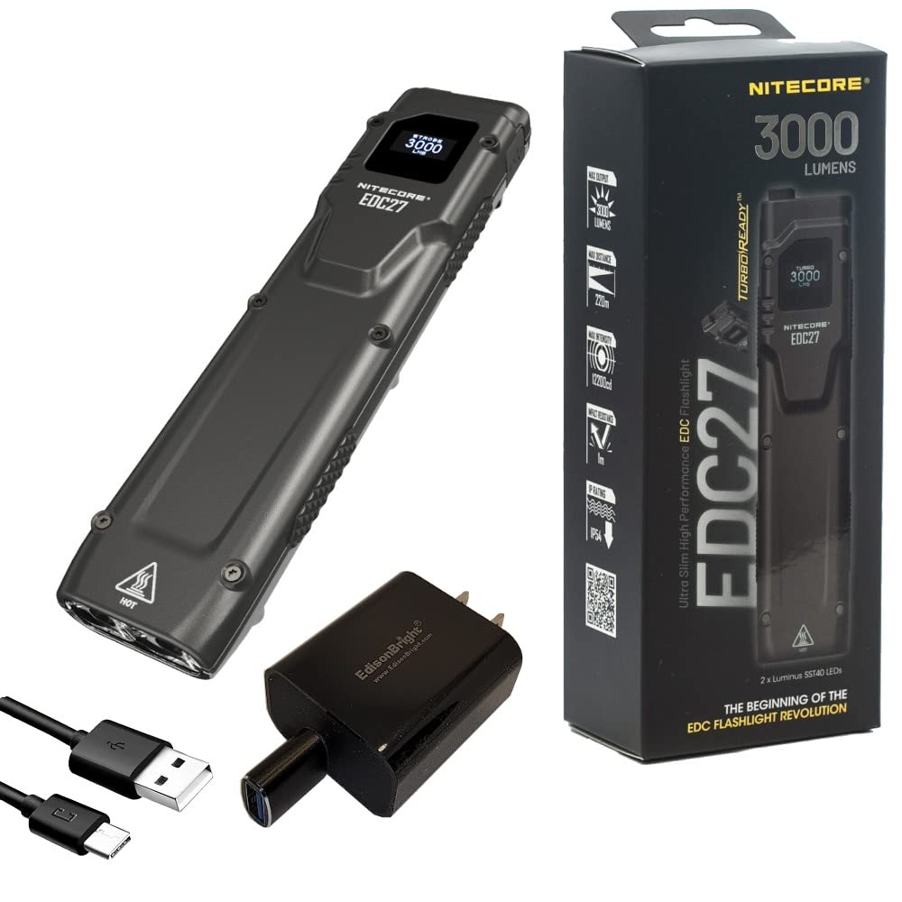 EdisonBright EDC27 LED Flashlight 3000 Lumen USB Rechargeable Slim Body Black Stainless Steel