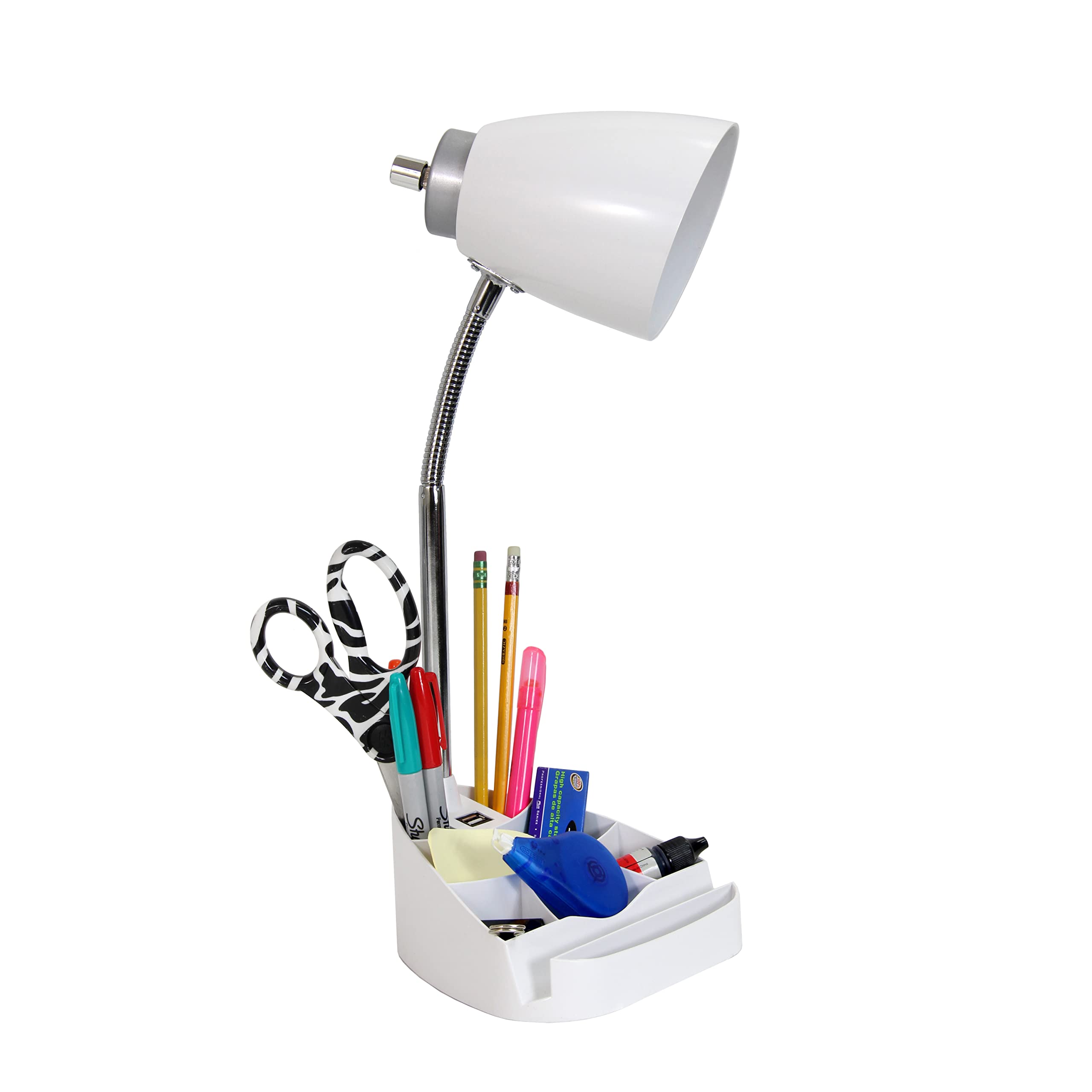 Simple Designs Ld1056-Wht Gooseneck Organizer Desk Lamp With Ipad/Tablet Stand Or Book Holder And Usb Port, White
