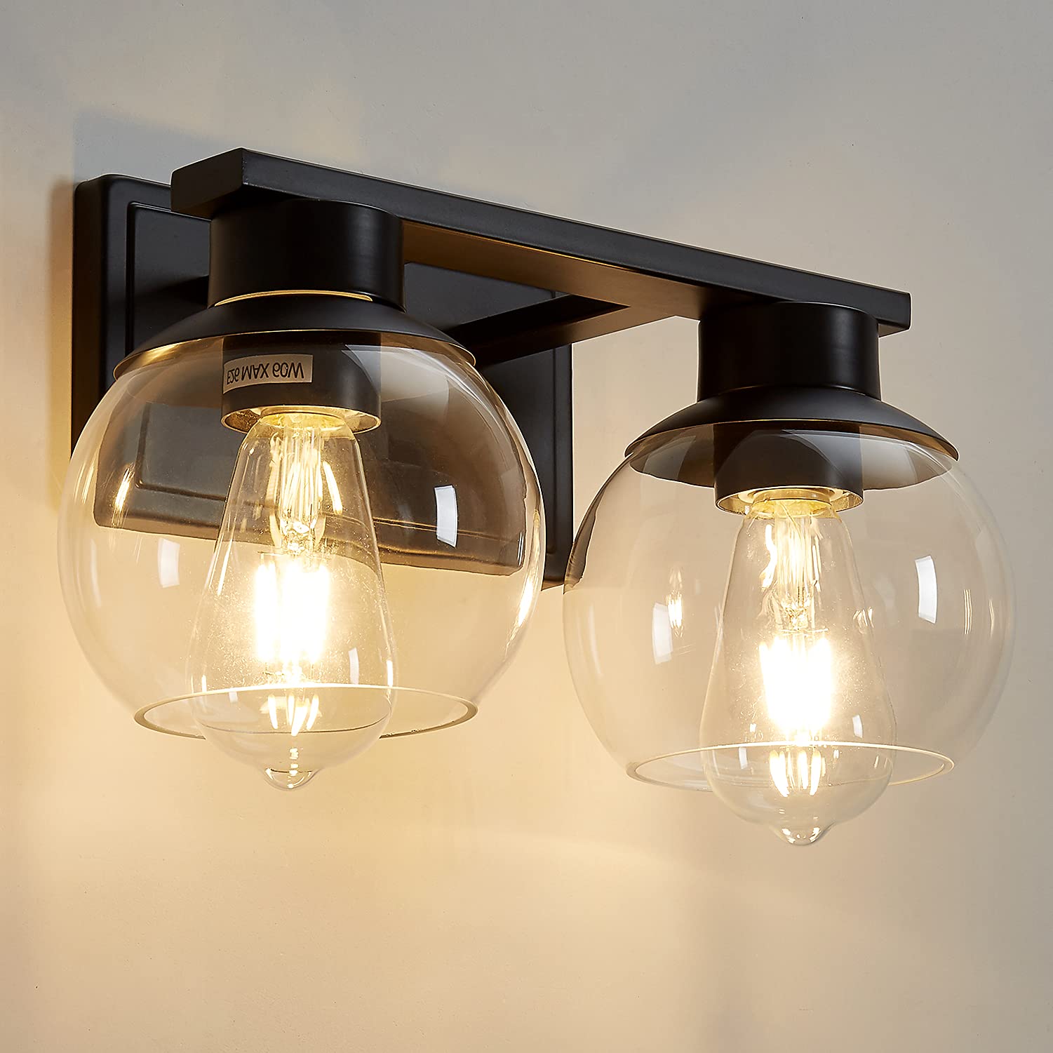 Pazala 2 Light Vanity Lights, Black Bathroom Wall Sconce Light With Globe Glass Shade, Bathroom Light Fixture Over Mirror For Be