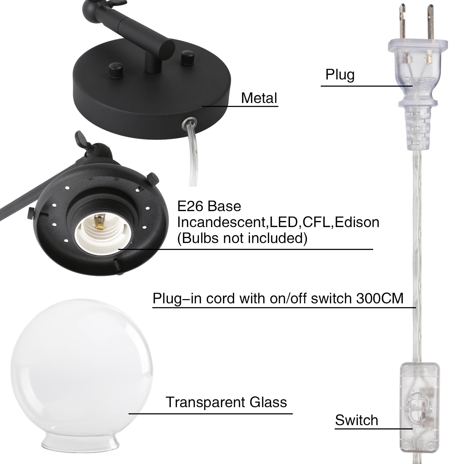 Permo Industrial Wall Sconce Plug In Sconce Swing Arm Wall Light Fixture With 5.9 Glass Globe Shade For Bedroom, Living Room Off