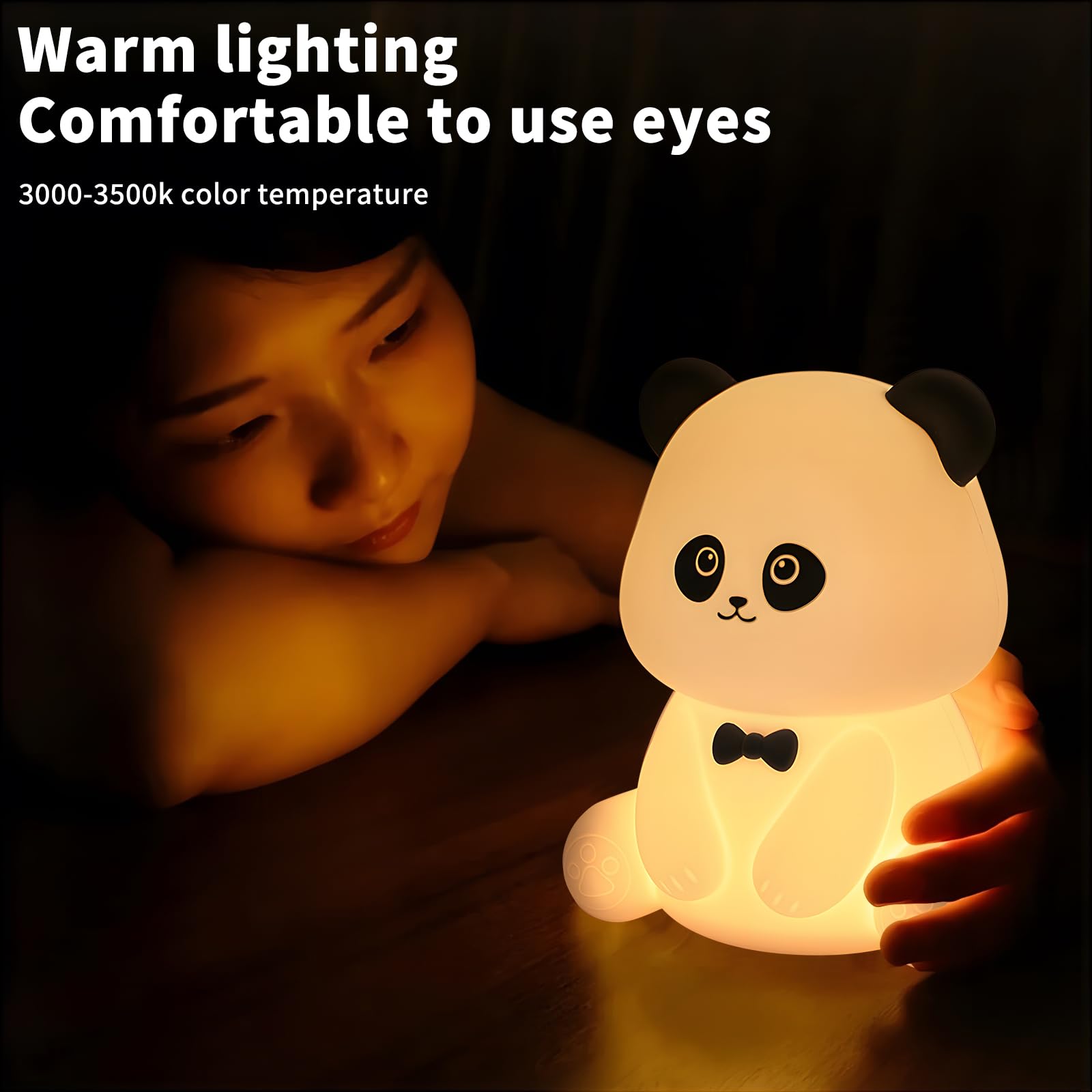 Hpydiy Cute Panda Night Light Squishy Animal Nightlamp Rechargerable Dimmable Nursery Soft Silicone Table Bedroom Lamp Portable Adjustable Lighting Bedroom Bedside Gift