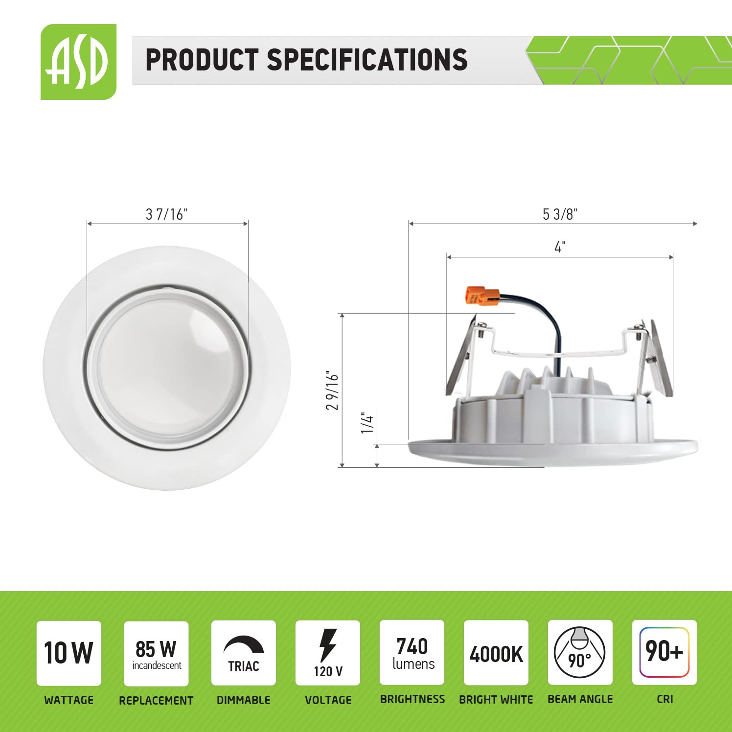Asd 4 Inch Gimbal Retrofit Led Recessed Lights, Can Downlight 10W (85W Replacement), 740 Lm Dimmable 4000K Bright White, Baffle