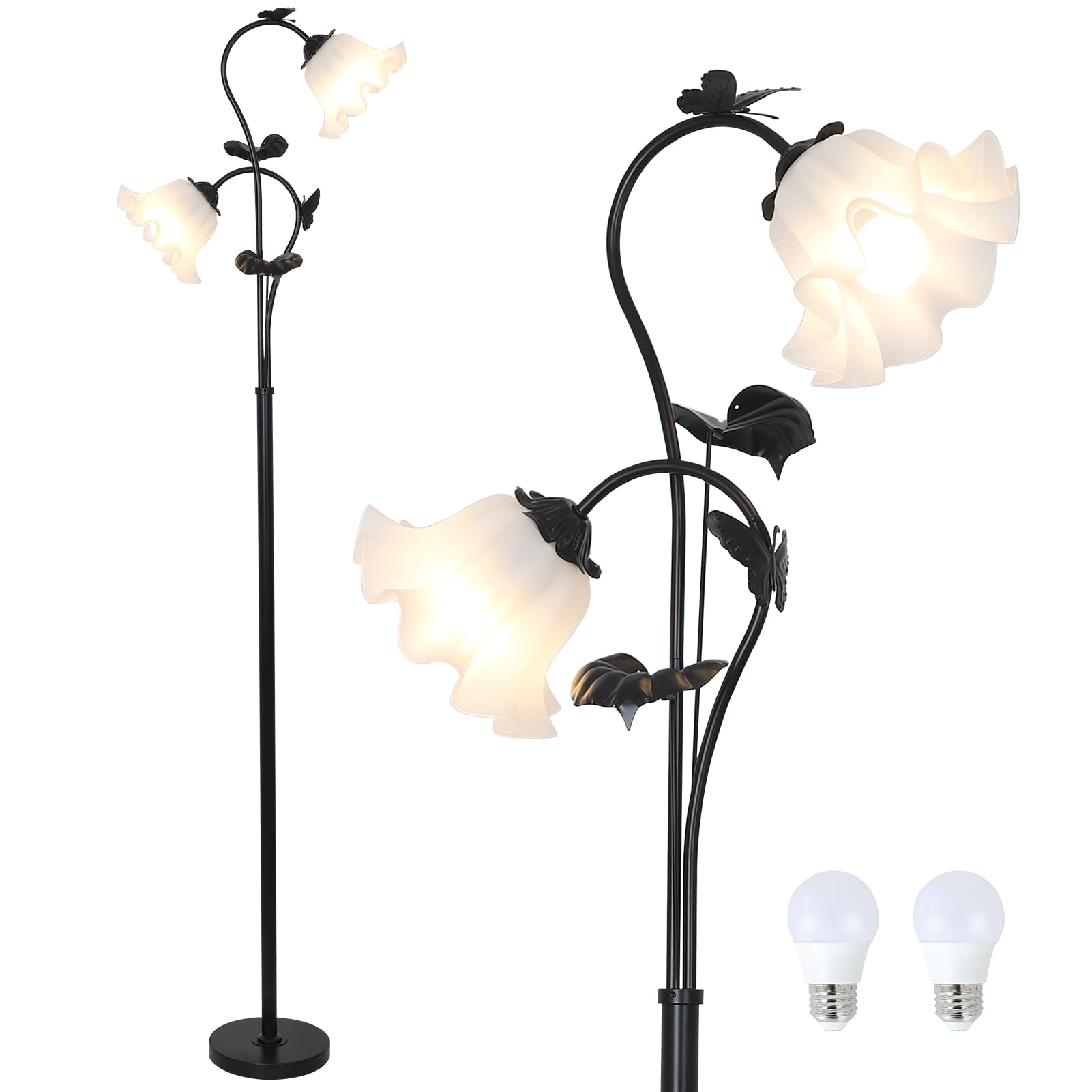 HMVPL Black Floor Lamp for Living Room, Flower Standing Lamp with 2 LED 5W Blubs, Foot Switch, Floral Tall Lamp with Acrylic Sha